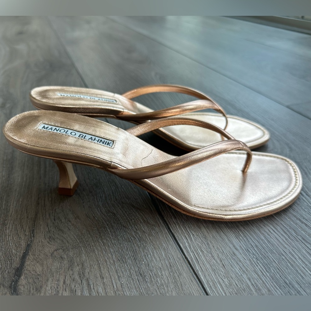 Manolo Blahnik Gold Kitten Heel Sandals